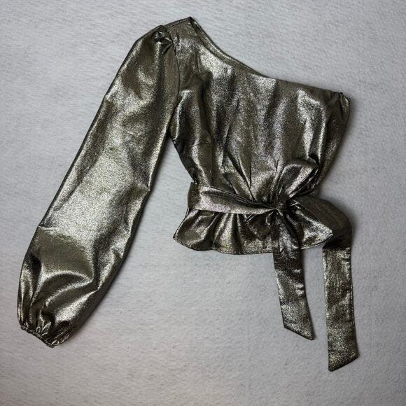 Show Me Your MuMu Silver One-Shoulder Crop Top Puff Sleeve - Picture 3 of 9